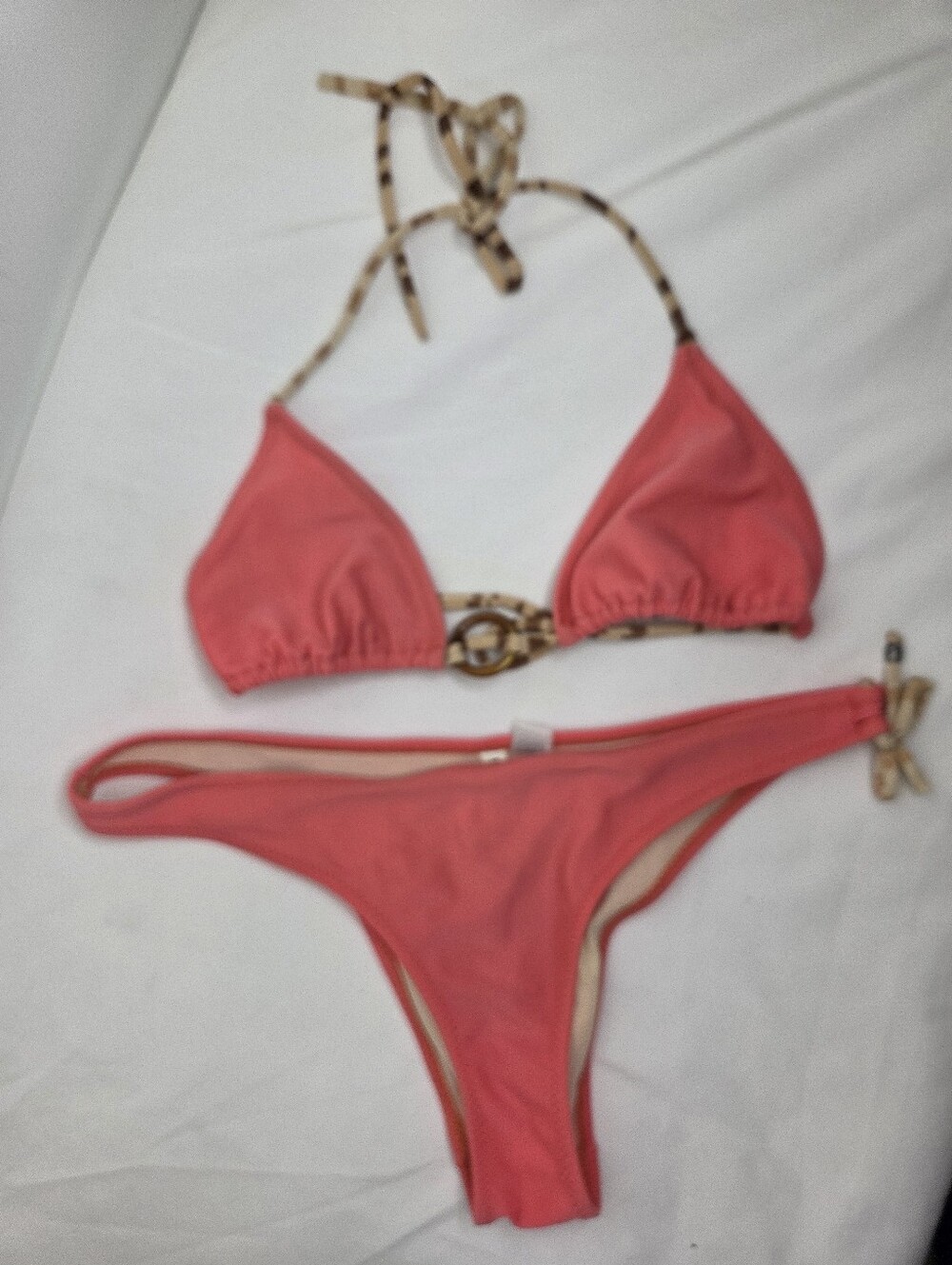 Ranji Ya Manji Size 2 (Small) Coral Pink Triangle Bikini with Acrylic Ring - Picture 3 of 15